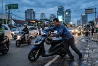 Ilustrasi seorang pria sedang mendorong motornya yang mogok. (AI)