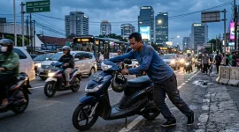 Ilustrasi seorang pria sedang mendorong motornya yang mogok. (AI)