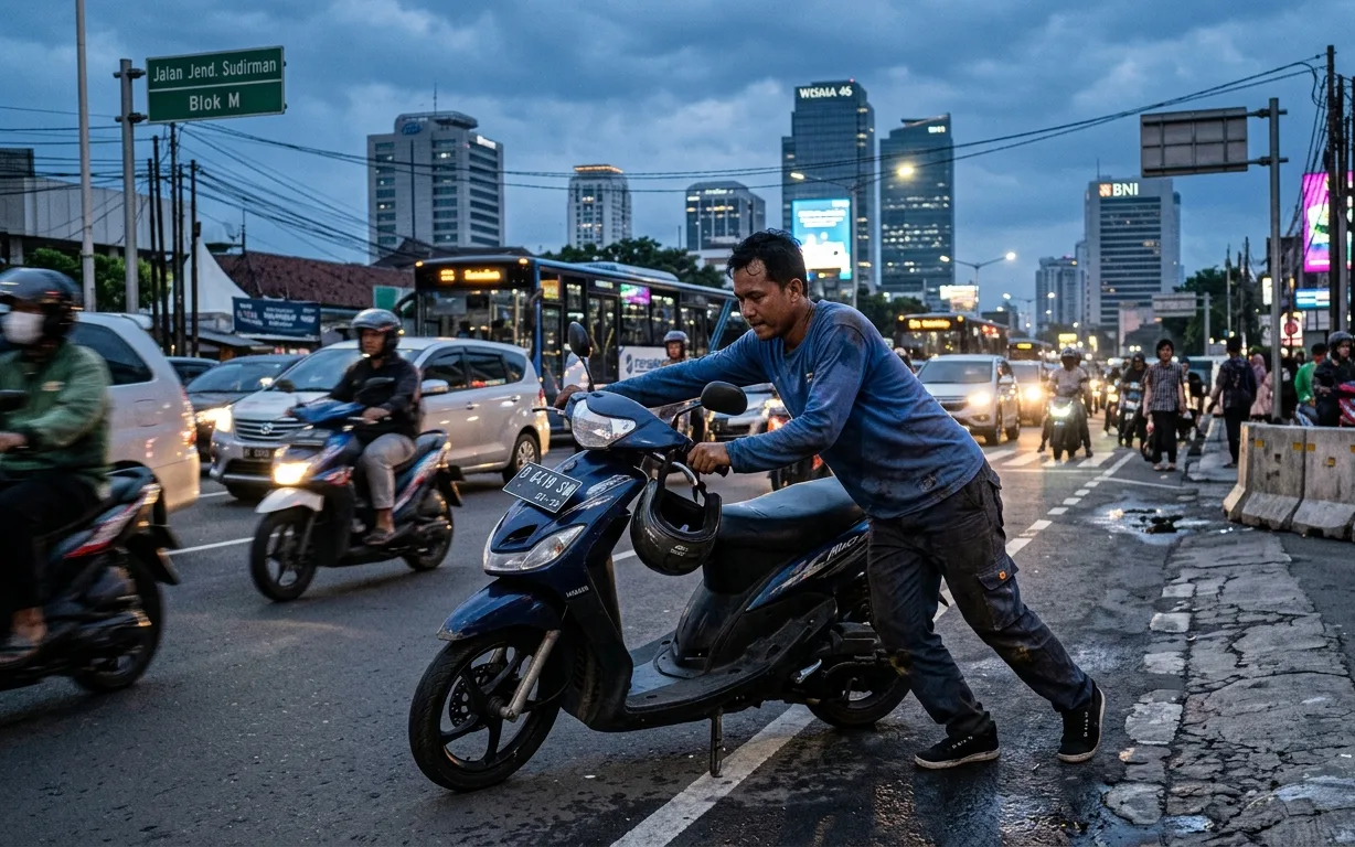 Ilustrasi seorang pria sedang mendorong motornya yang mogok. (AI)