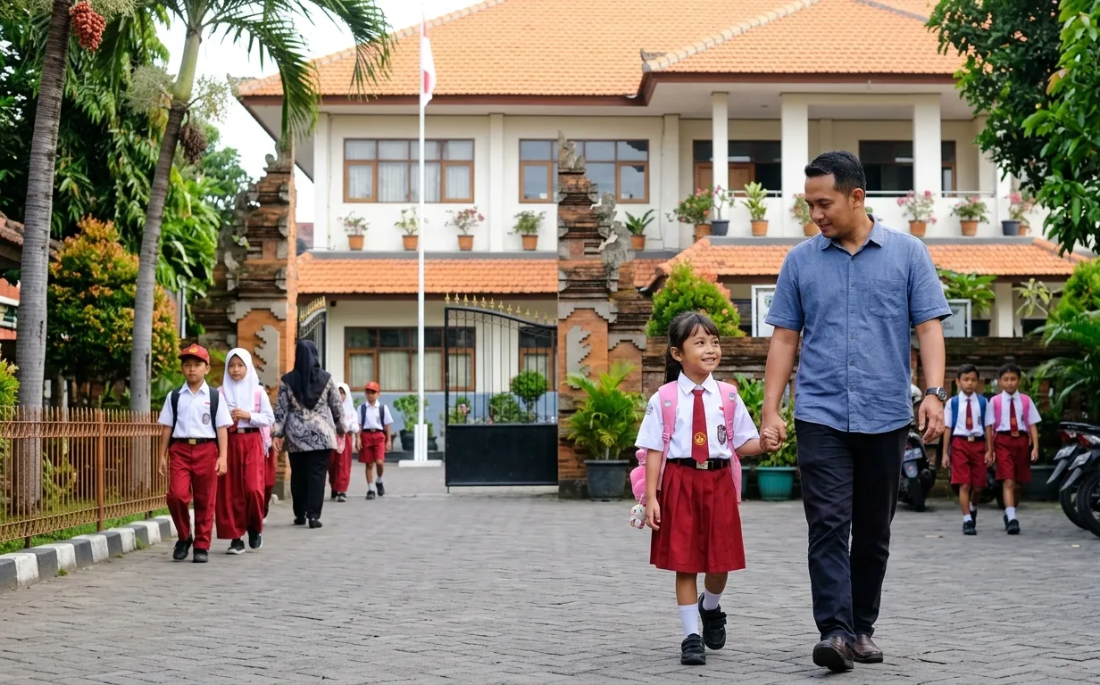 Ilustrasi seorang ayah mengantar anaknya ke sekolah.