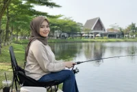 Seorang perempuan sedang memancing di pinggir danau. (Satuteks.com)