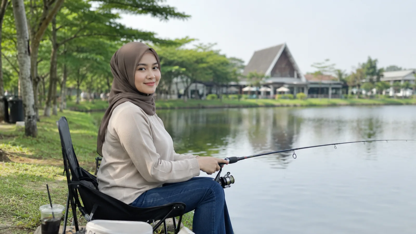 Seorang perempuan sedang memancing di pinggir danau. (Satuteks.com)