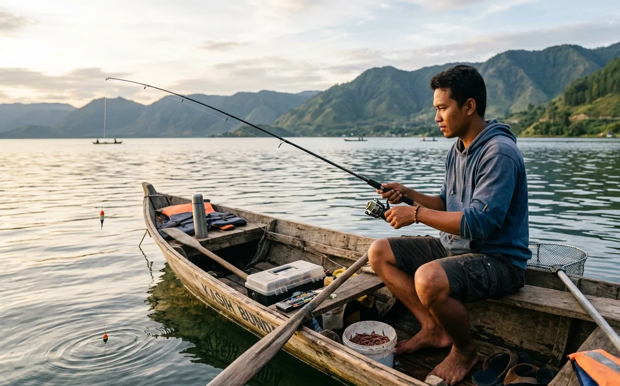 Ilustrasi seorang pria sedang memancing di danau. (AI)