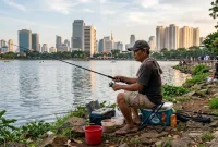 Ilustrasi seorang pria sedang memancing ikan di danau.