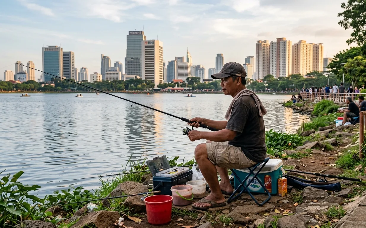 Ilustrasi seorang pria sedang memancing ikan di danau. 