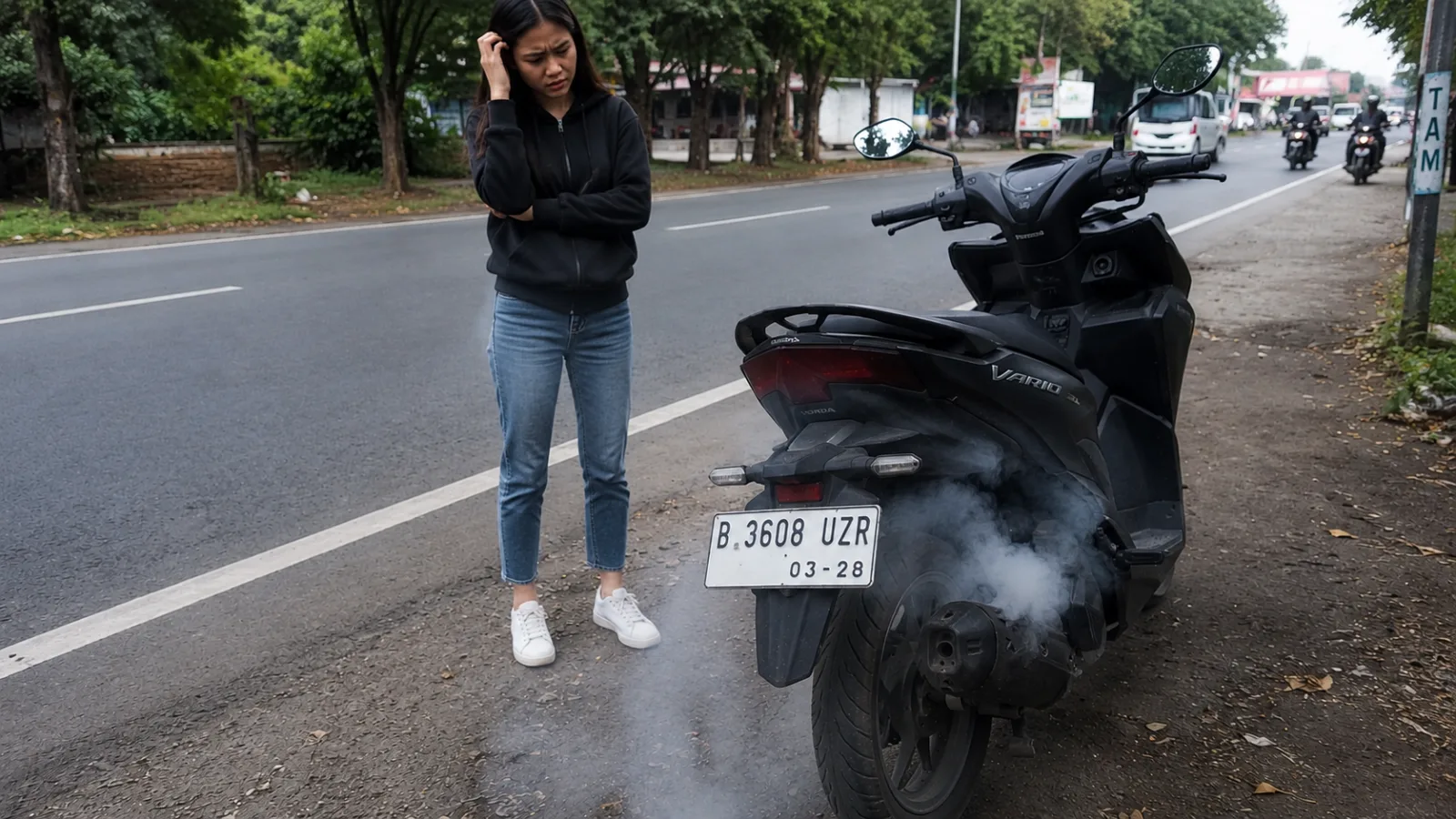 Ilustrasi motor milik seorang perempuan sedang bermasalah. 