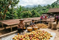Ilustrasi petani sedang mengolah kakao. (AI)