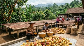 Ilustrasi petani sedang mengolah kakao. (AI)