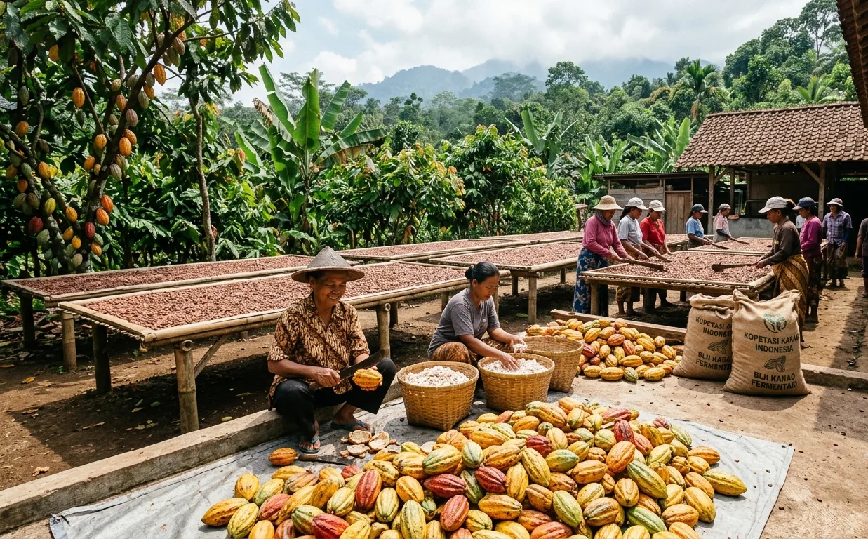Ilustrasi petani sedang mengolah kakao. (AI)