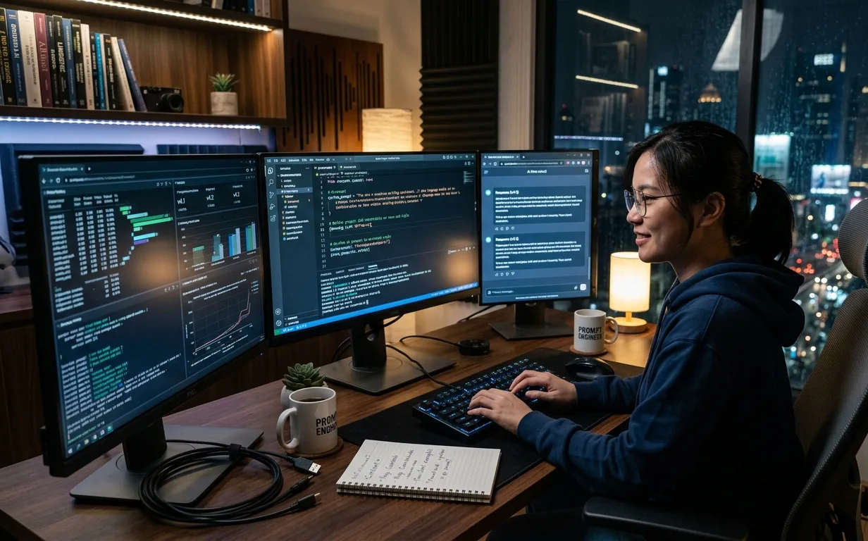 Ilustrasi seorang prompt engineer AI sedang bekerja.