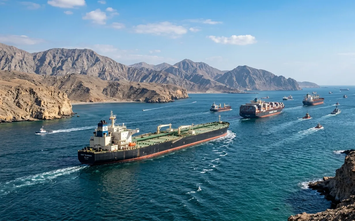 Ilustrasi kapal-kapal kargo melintas di Selat Hormuz. (AI)