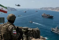 Ilustrasi militer Iran mengawasi Selat Hormuz. (AI)