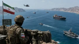 Ilustrasi militer Iran mengawasi Selat Hormuz. (AI)