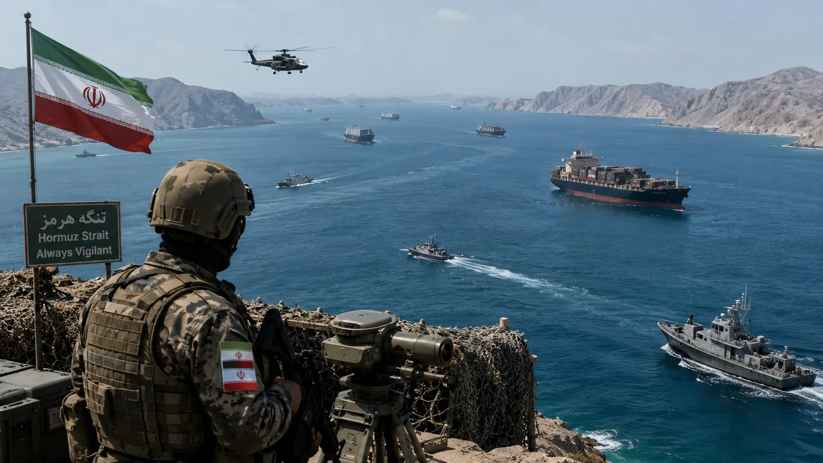 Ilustrasi militer Iran mengawasi Selat Hormuz. (AI)