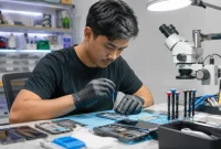 Seorang pria sedang memperbaiki ponsel. (AI)