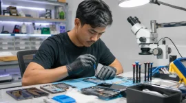Seorang pria sedang memperbaiki ponsel. (AI)
