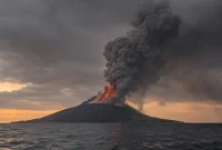 Ilustrasi erupsi Gunung Anak Krakatau. (AI)